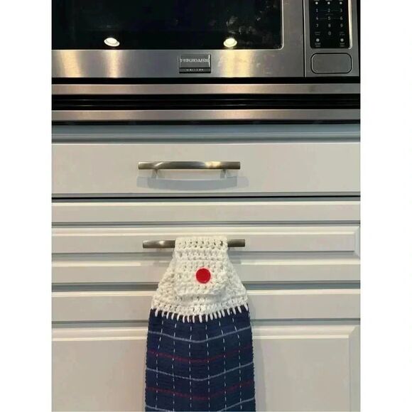 Crochet Top Kitchen Towel- Blue towel with red/white stripes - Picture 2 of 2